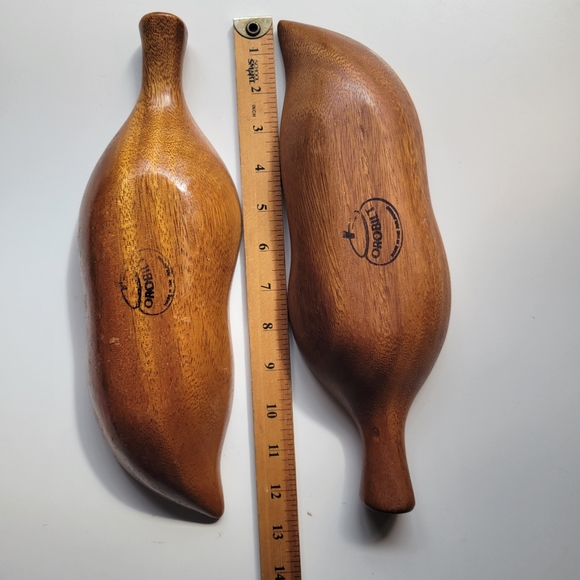 Orobilt VTG MCM Monkey Pod 12x4x2 Wood Set 2 Leaf Fruit Snack Bowl Fall Holidays - Picture 12 of 15